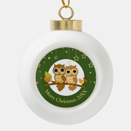 Personalized Owl Ceramic Ball Christmas Ornament