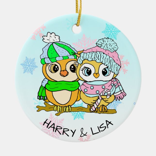 Personalized Owl Couple Christmas Ceramic Ornament (Front)