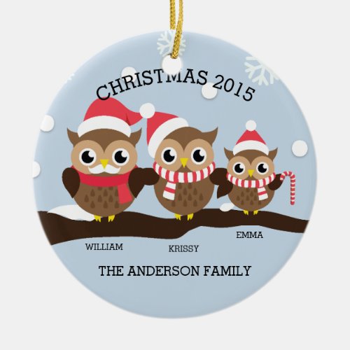 Personalized Owl Family Of 3 Christmas Ceramic Ornament