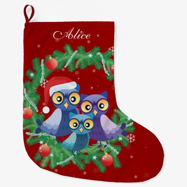 Personalized owl family wreath red large christmas stocking (Front)