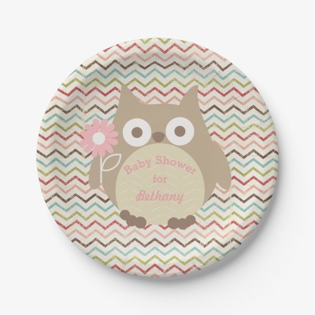 Personalized Owl Girl Baby Shower Colorful Chevron Paper Plates (Front)