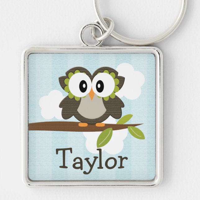 Personalized Owl Keychain Keyring Blue (Front)