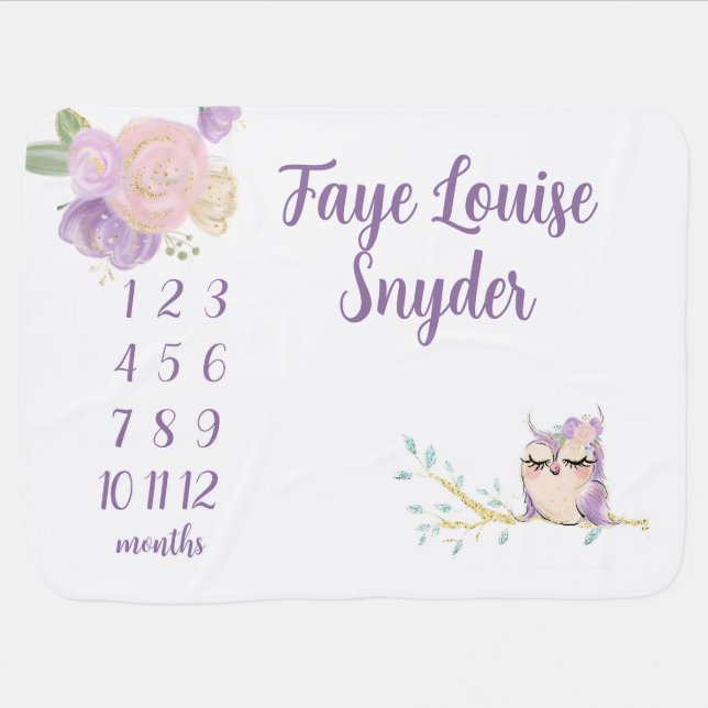 Personalized Owl Monthly Milestone Blanket Newborn (Horizontal)