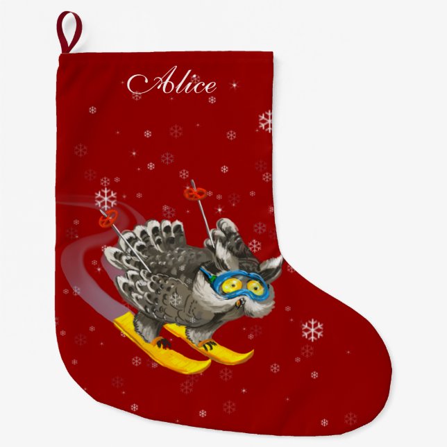 Personalized owl skiing red large christmas stocking (Front)