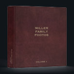 Personalized Oxblood Burgundy Leather Photo Album 3 Ring Binder<br><div class="desc">Keep your treasured memories organized with this personalized oxblood burgundy leather print photo album binder. Featuring a minimalist design with family name photos in golden classic block typography and customizable subtext in the lower thirds, this binder is perfect for weddings, anniversaries, or any special occasion. The spine also has customizable...</div>