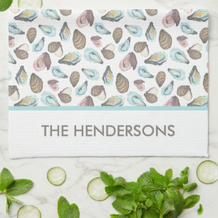 Personalized Oyster Tea Towel, Family Name Kitchen Towel