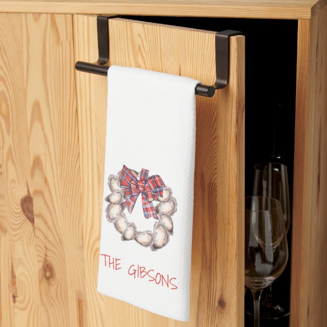 Personalized Oyster Wreath Plaid Bow Bar  Kitchen Towel (Thirds Fold)