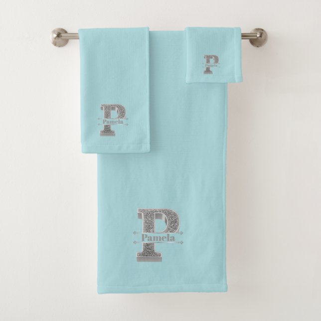 Personalized P Initial Silver Monogram Your Name B Bath Towel Set (Insitu)