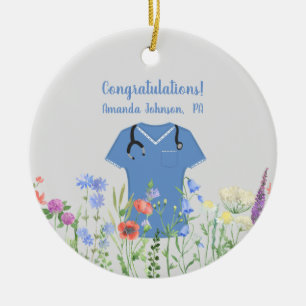 Personalized PA Physician Assistant Blue Scrubs Ceramic Ornament