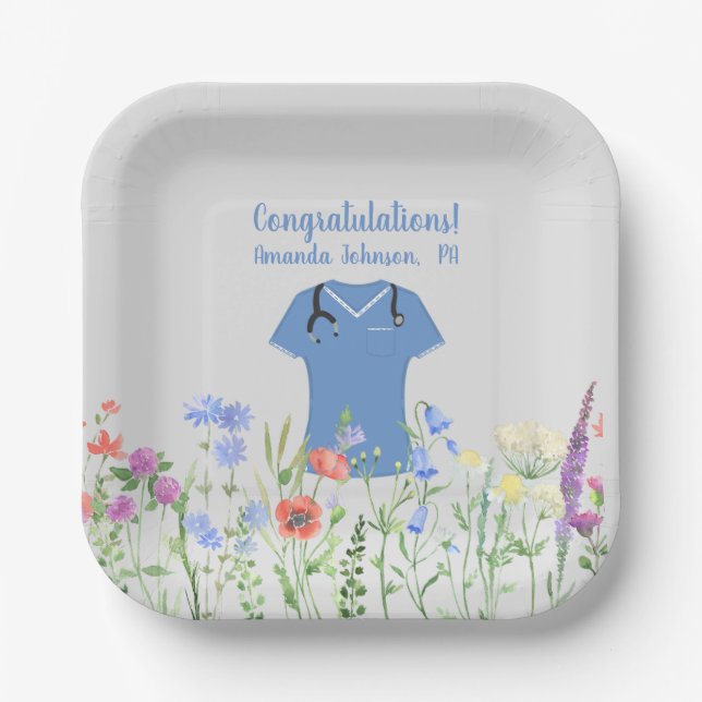 Personalized PA Physician Assistant Blue Scrubs Paper Plates (Front)