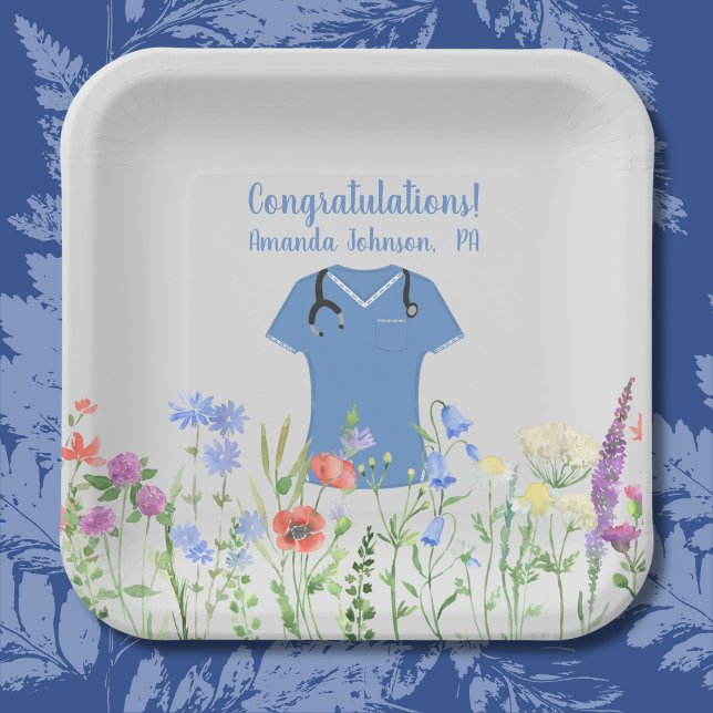 Personalized PA Physician Assistant Blue Scrubs Paper Plates (Creator Uploaded)