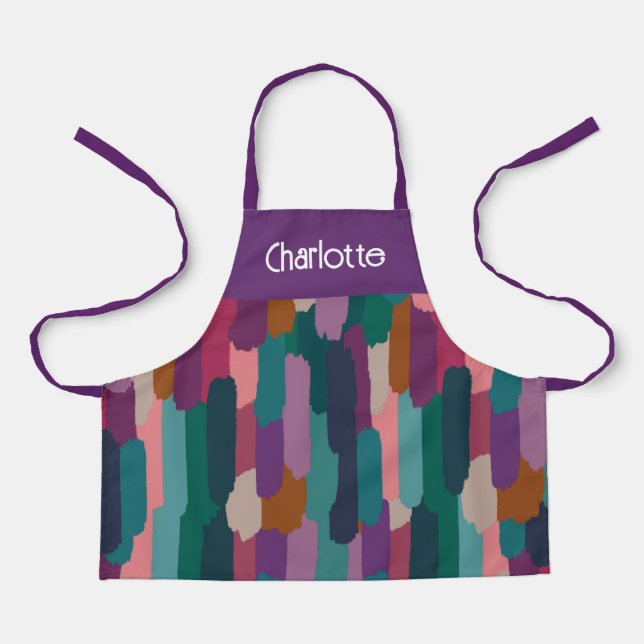 Personalized Paint Brushstrokes Purple Kid's Art Apron (Front)