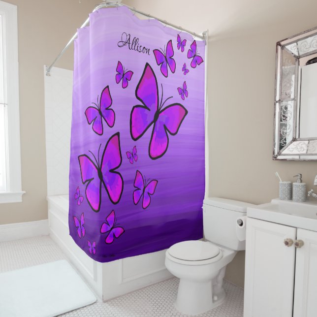 Personalized Painted Purple Butterflies Ombre Shower Curtain (In Situ)