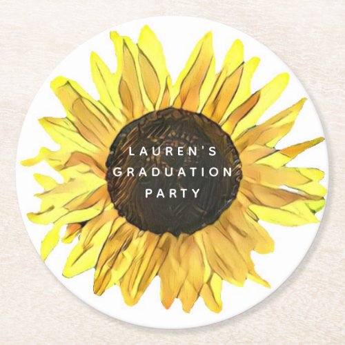 Personalized Painted Sunflower Graduation Party Round Paper Coaster