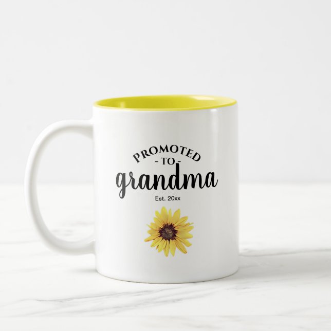 Personalized Painted Sunflower Promoted to Grandma Two-Tone Coffee Mug (Left)