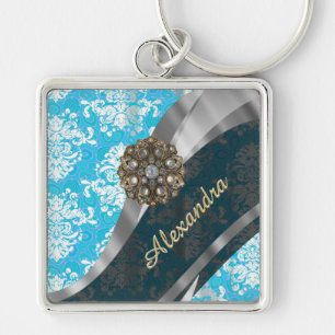 Personalized pale blue pretty girly damask pattern keychain