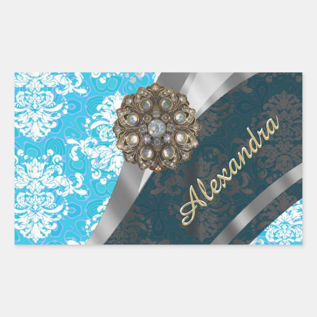 Personalized pale blue pretty girly damask pattern rectangular sticker (Front)