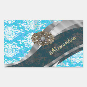 Personalized pale blue pretty girly damask pattern rectangular sticker