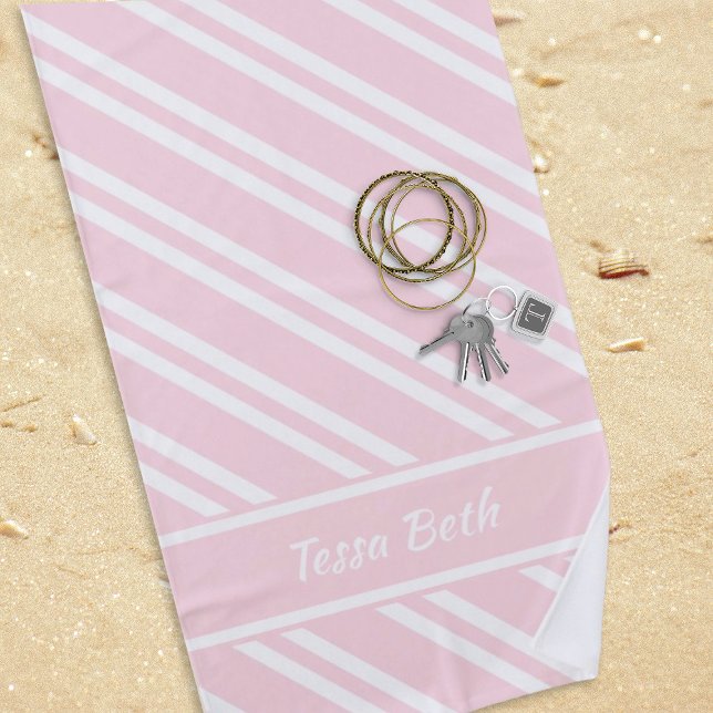 Personalized Pale Pink and White Stripes Beach Towel (Pale pink and White Striped Beach Towel to personalize for your next vacation!)