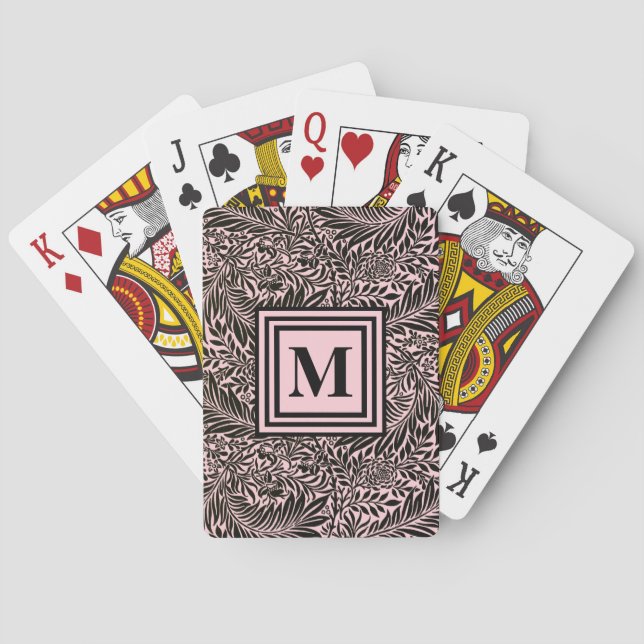 Personalized Pale Pink Botanical Pattern Monogram Poker Cards (Back)