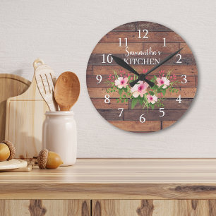 Personalized Pallet Wood And Pink Floral Kitchen Round Clock