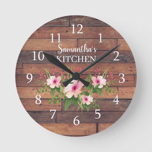 Personalized Pallet Wood And Pink Floral Kitchen Round Clock