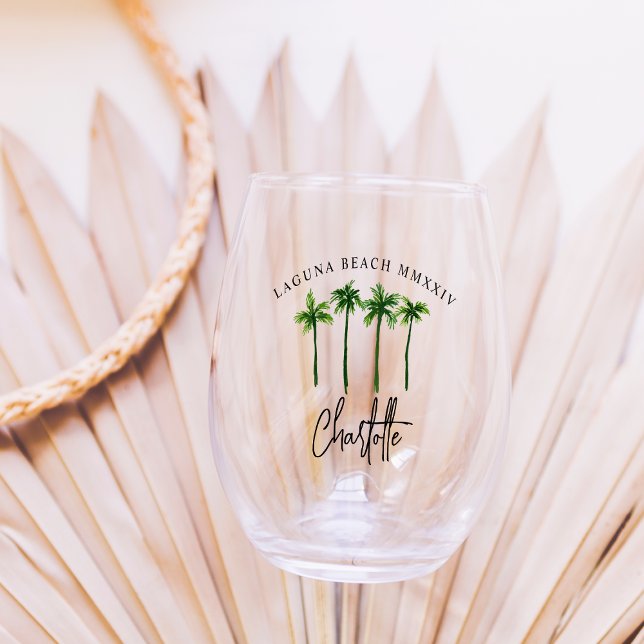 Personalized Palm Tree Bachelorette Party Stemless Wine Glass (Creator Uploaded)