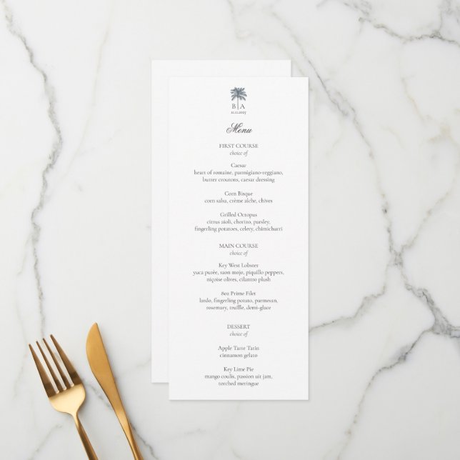 Personalized Palm Tree Beach Elegant Wedding Menu (Front/Back In Situ)