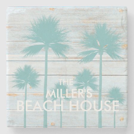 Personalized Palm Tree Beach House Stone Coaster
