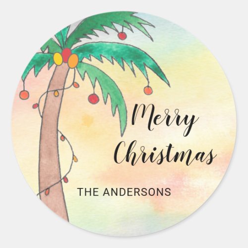 Personalized Palm Tree Merry Christmas  Classic Round Sticker