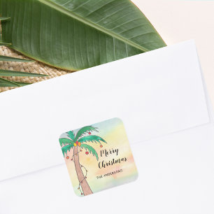 Personalized Palm Tree Merry Christmas Square Sticker