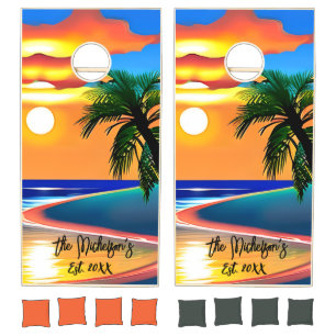 Personalized Palm Trees and Sunset Colorful Cornhole Set