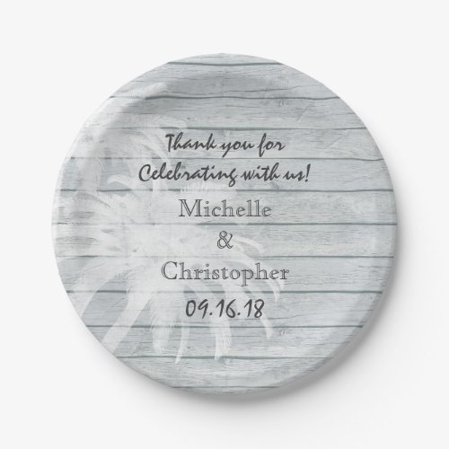 Personalized Palm Trees on Wood Beach Wedding Paper Plates