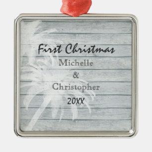 Personalized Palm Trees ~ Wood Beach 1st Christmas Metal Ornament