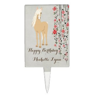 Personalized Palomino Pony Flowers Horse Birthday Cake Topper