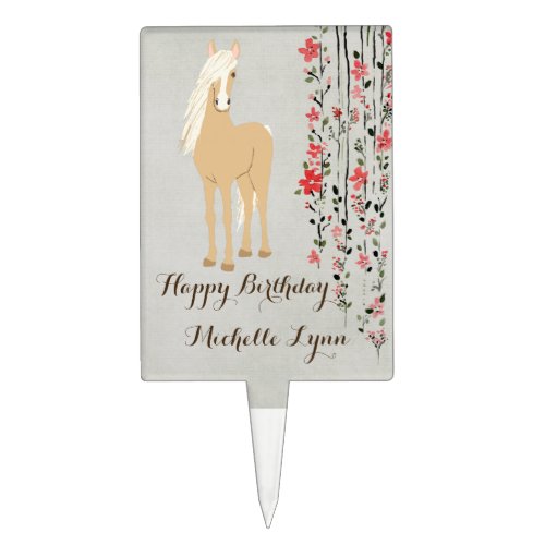 Personalized Palomino Pony Flowers Horse Birthday Cake Topper