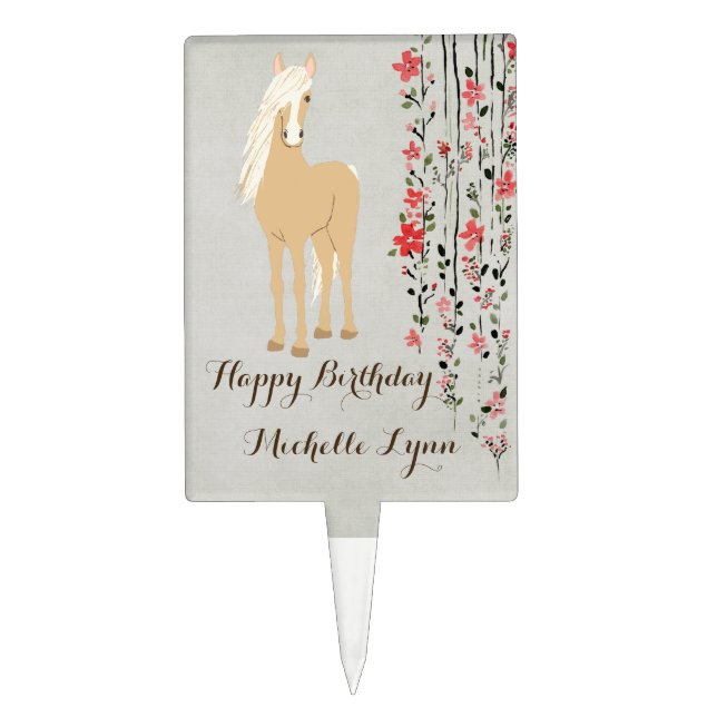 Personalized Palomino Pony Flowers Horse Birthday Cake Topper (Front)