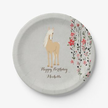 Personalized Palomino Pony Flowers Horse Birthday Paper Plates by TheCutieCollection at Zazzle