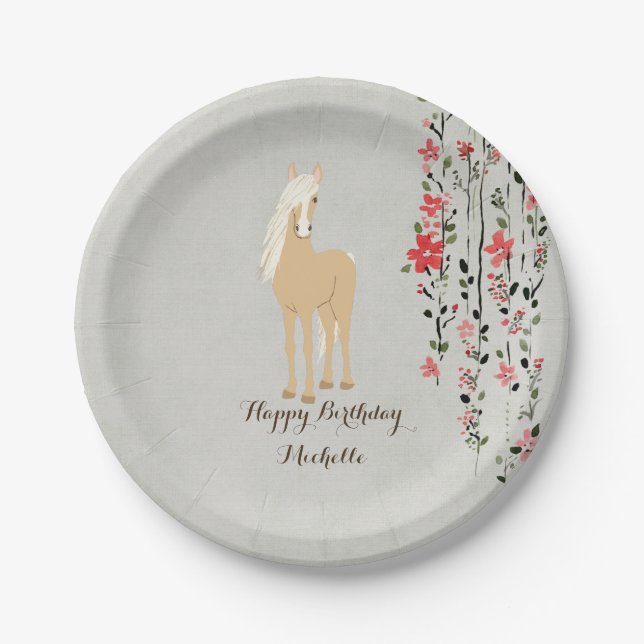 Personalized Palomino Pony Flowers Horse Birthday Paper Plates (Front)