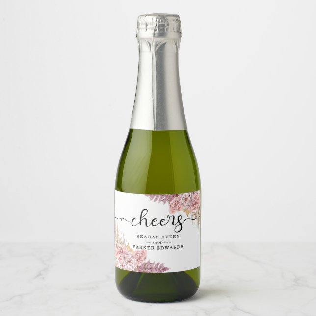 Personalized Pampas Grass Floral Cheers Wedding Sparkling Wine Label (Front)