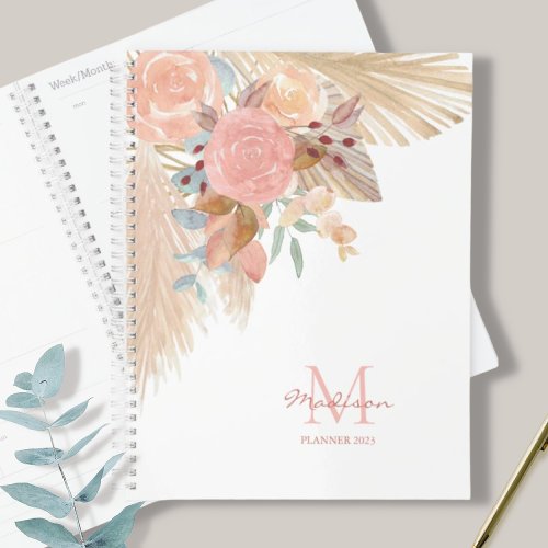 Personalized Pampas Grass Pink Floral Planner 2023