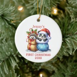 Personalized Panda Bear and Hedgehog Cub Christmas Ceramic Ornament