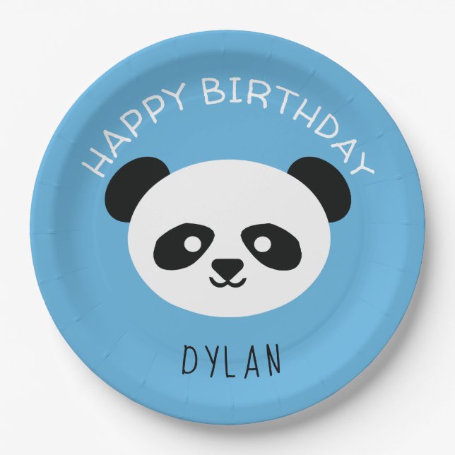 Personalized Panda Bear Kawaii Birthday Boys Blue Paper Plates (Front)