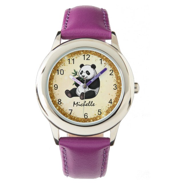 Personalized Panda Bear With Greenery Bamboo Gold Watch (Front)