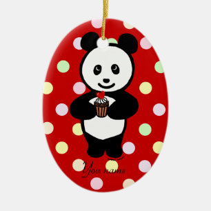 Personalized Panda Cartoon and Polka Dots Ceramic Ornament