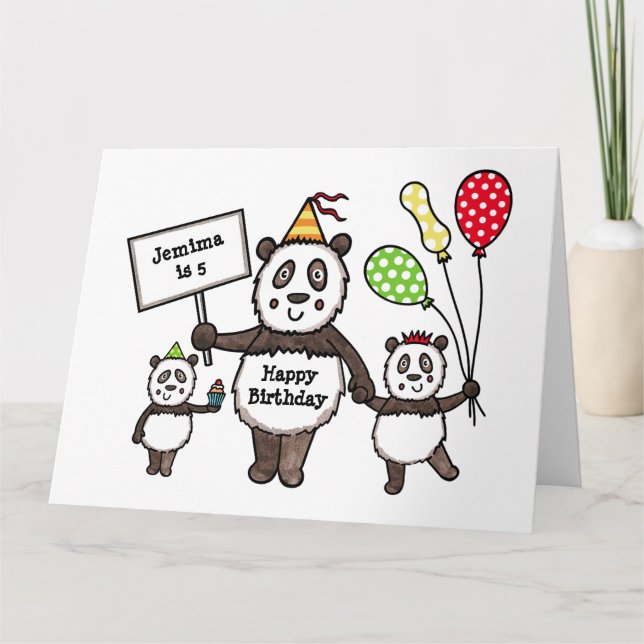 Personalized Panda Party Kid's Birthday Card (Front)