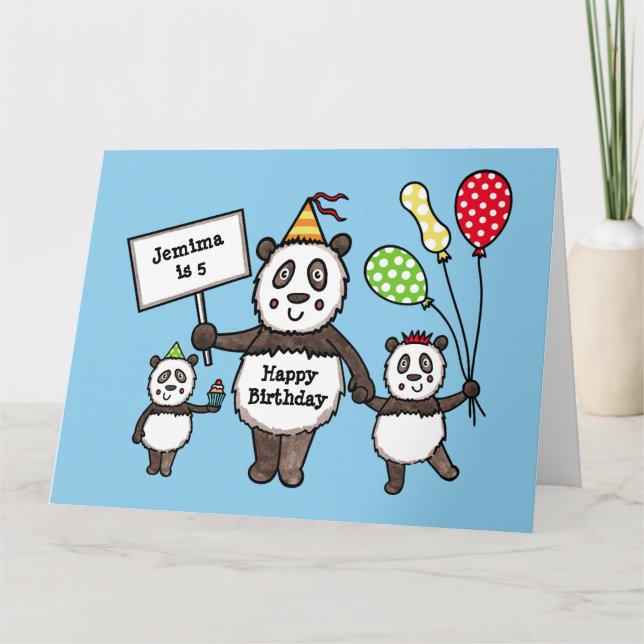 Personalized Panda Party Kid's Birthday Card (Front)