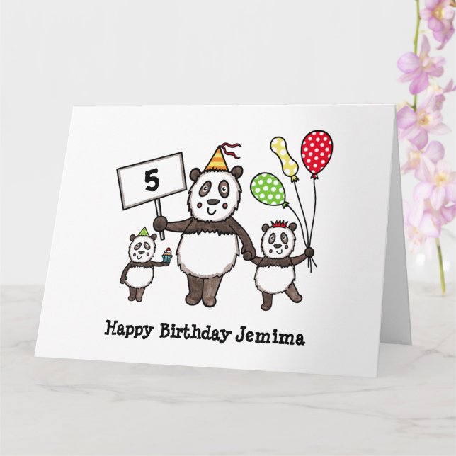 Personalized Panda Party Kid's Birthday Card (Orchid)