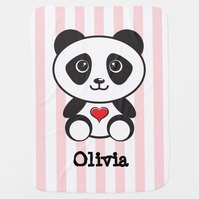 Personalized Panda Pink Stripped Baby Blanket (Front)