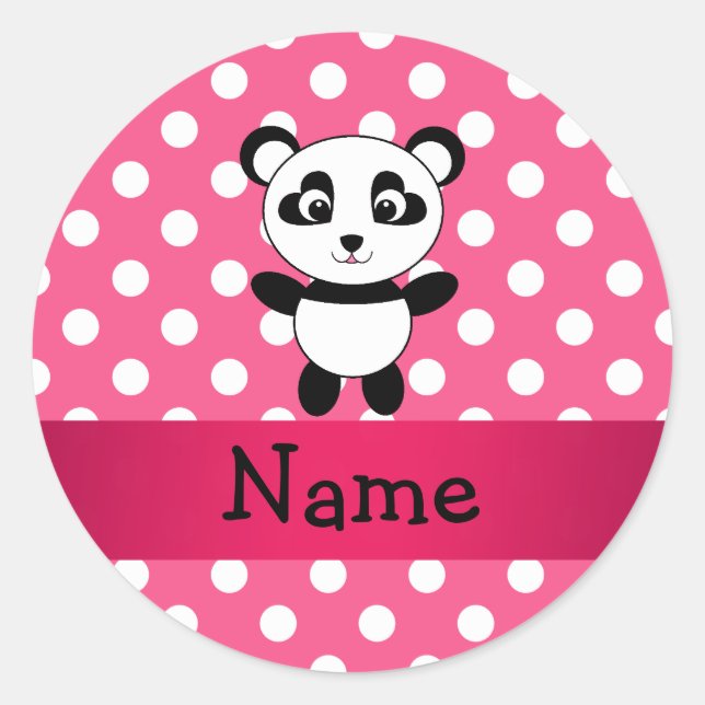 Personalized panda pink white polka dots classic round sticker (Front)